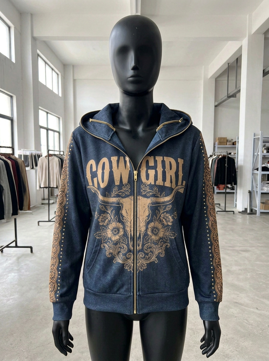 Cowgirl Mask Hoodie open with hood down