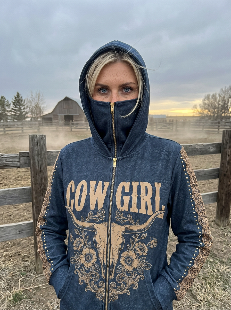 Cowgirl Mask Hoodie worn with mask zipped