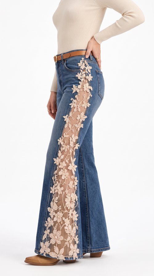 Golden Bloom Lace Flare Jeans